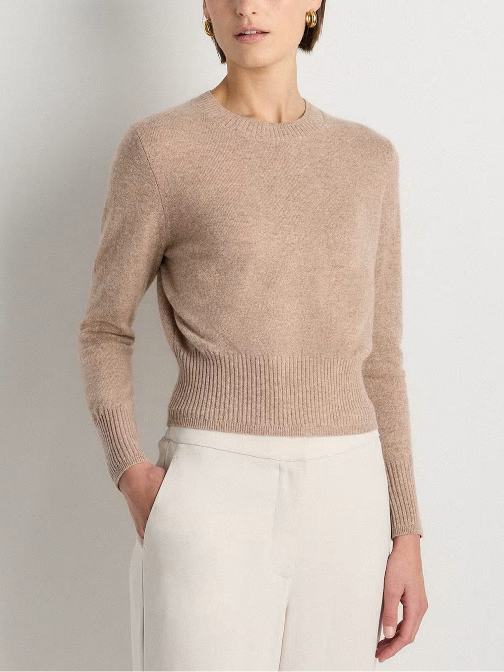 Quince Oatmeal Mongolian Cashmere Sweater Crop Long Sleeve Tan Medium